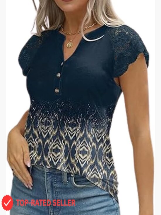 Tops - Lace Cap Sleeve V-Neck Button Down Tank Top Loose Fit Boho Summer Blouse